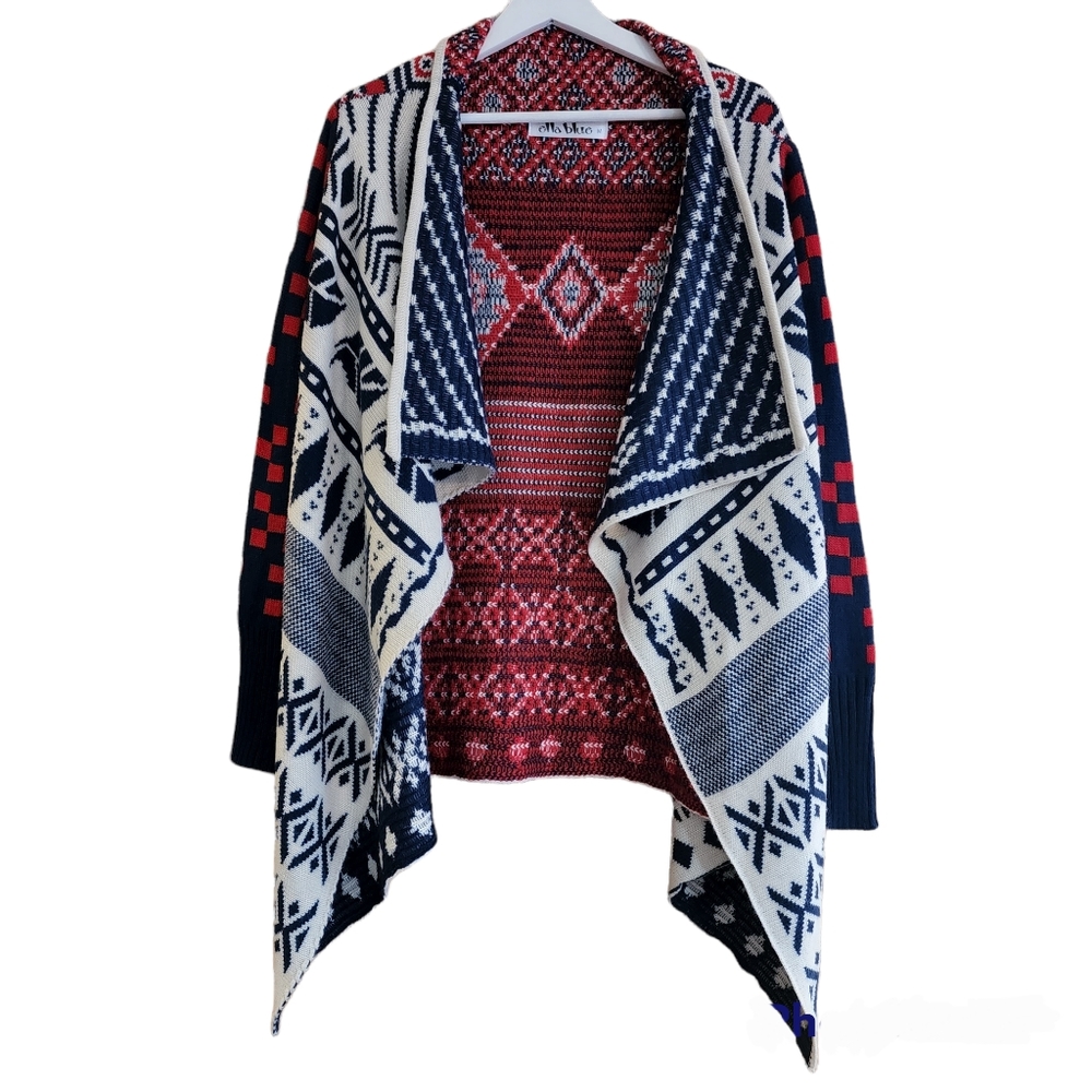 Boutique Ella Blue Womens Red, Cream & Blue Southwest Inspired Cardigan-Medium